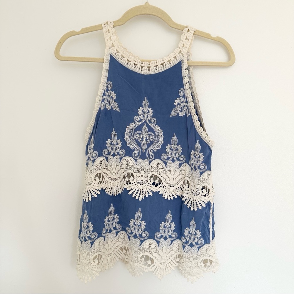 Boho Blue and Ivory Crochet Lace Tank Top Embroidered Sleeveless Festival Blouse